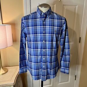 NWOT Ralph Lauren Slim Fit Stretch Oxford Shirt Blue Plaid Button Down MEDIUM